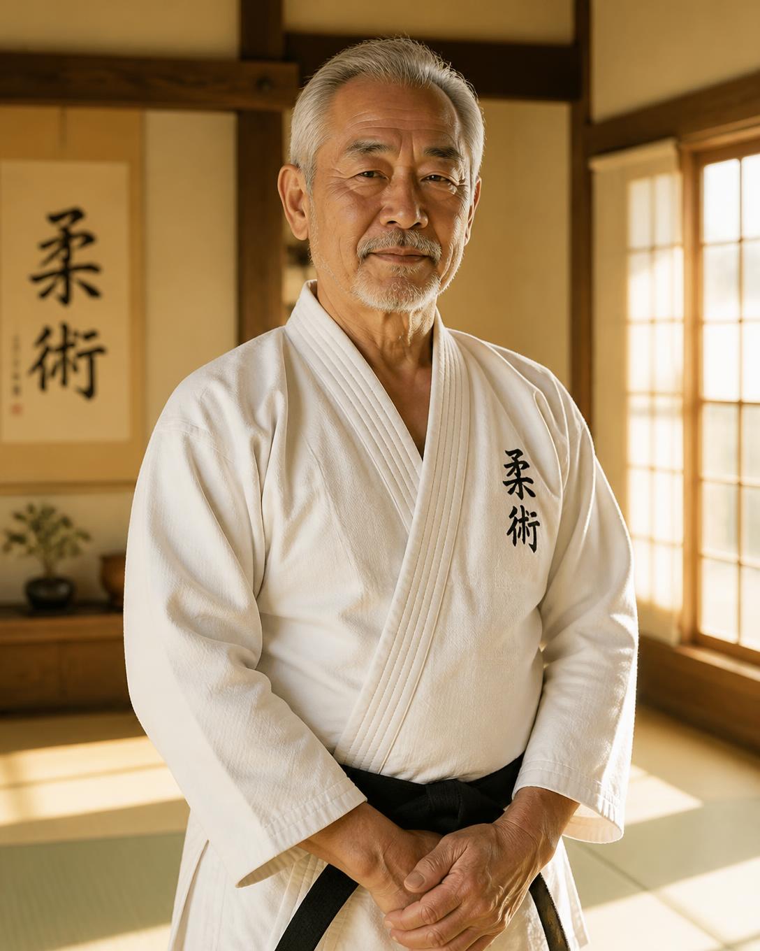 Sensei Kenji Harada in a white gi standing in a sunlit dojo
